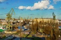 View of the shipyard and port - industry part of the city of Gdansk GdaÃÂ ÃÂ Ã¢â¬Å¾sk with shipyard constructions and cranes. Poland Royalty Free Stock Photo